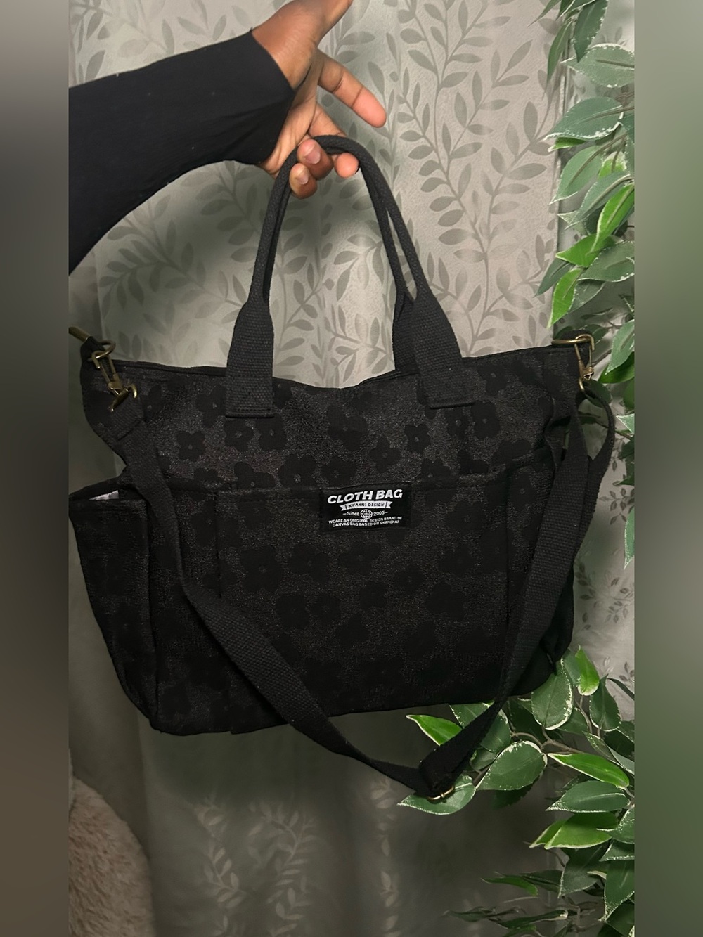 Black Floral Cloth Tote Bag with Detachable Strap